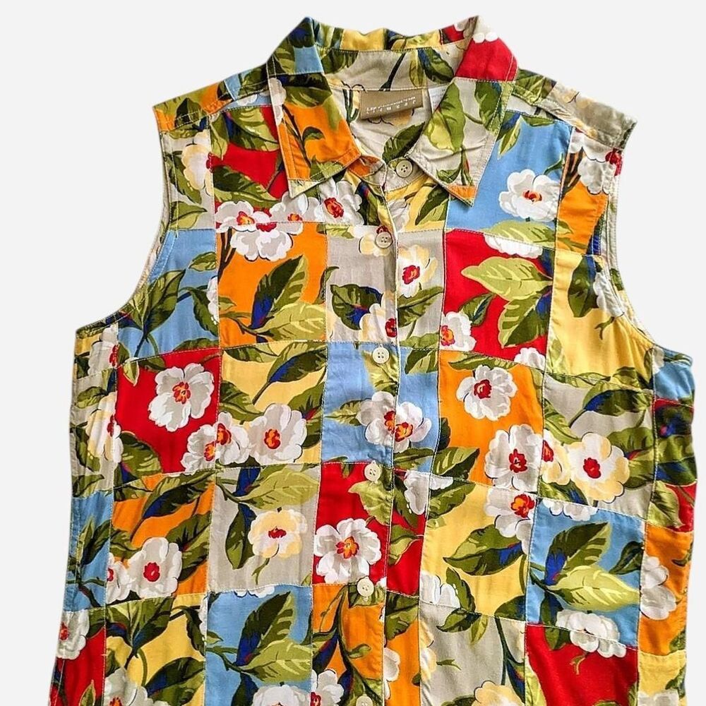 Liz Claiborne Lizwear Floral Patchwork Sleeveless Button Up Shirt Size M - Picture 2 of 7